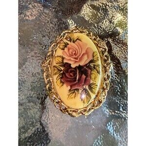 Victorian Inspired Brooch Pin Gold Tone Frame Pink And Maroon Roses Enamel Oval